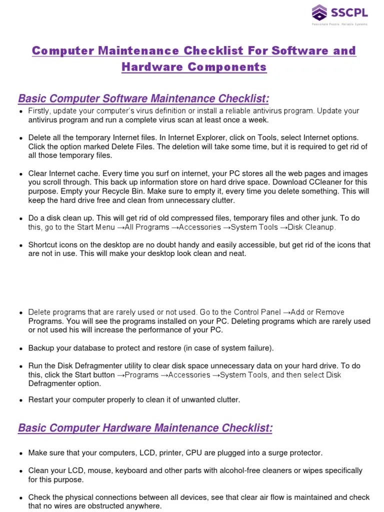 Computer Maintenance Checklist for Software and Hardware Personal
