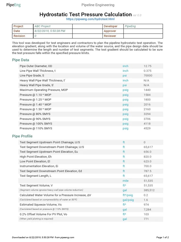 Hydrostatic Test Pressure Calculation Pipe Data Pressure Pipe