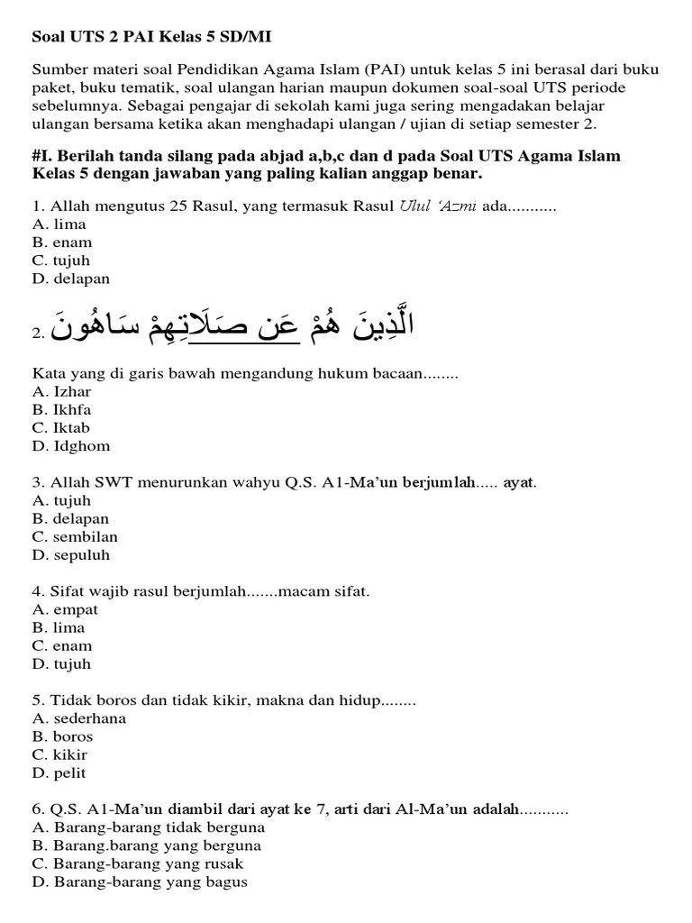 Soal Uts 2 Pai Kelas 5 Sd