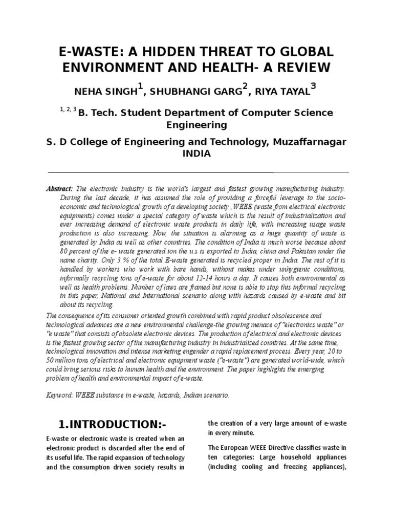 EWaste A Hidden Threat To Global Environment and HealthA Review