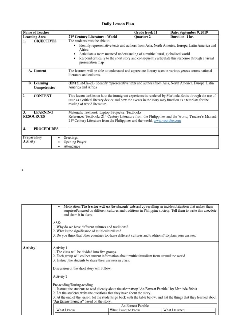 21st Century Literature From The Philippines and The World Lesson 11 PDF Lesson Plan