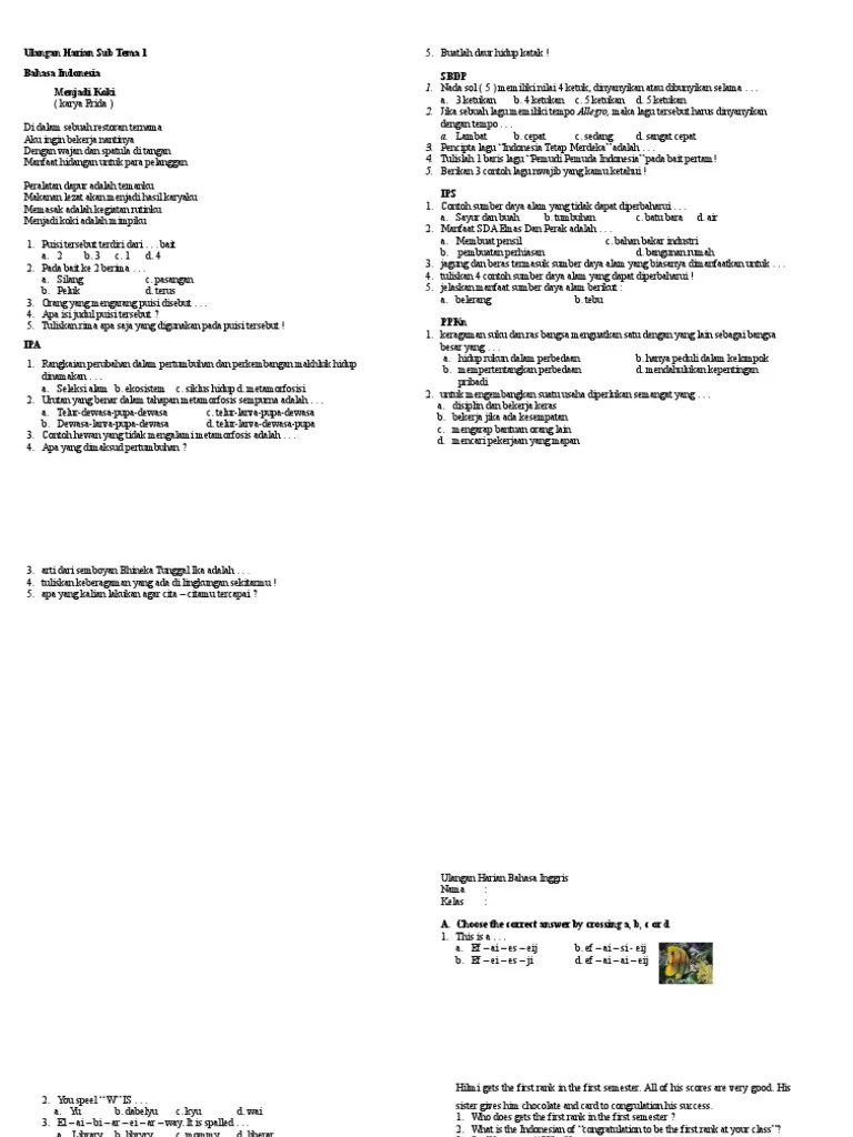 Ulangan Harian Sub Tema 1 | PDF