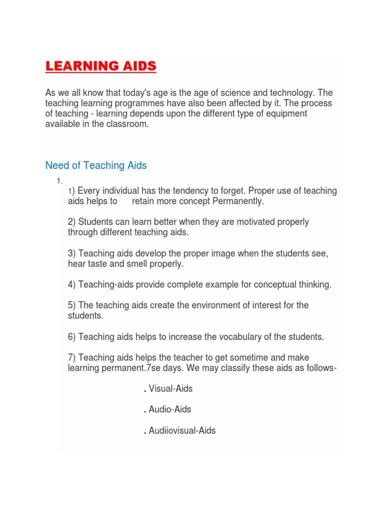 Learning Aids and Improvised Learning Aids PDF Teachers Science Education