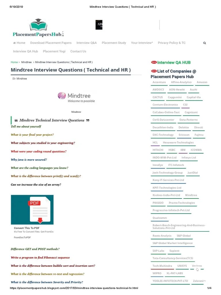 Mindtree Interview Questions (Technical and HR) PDF Test