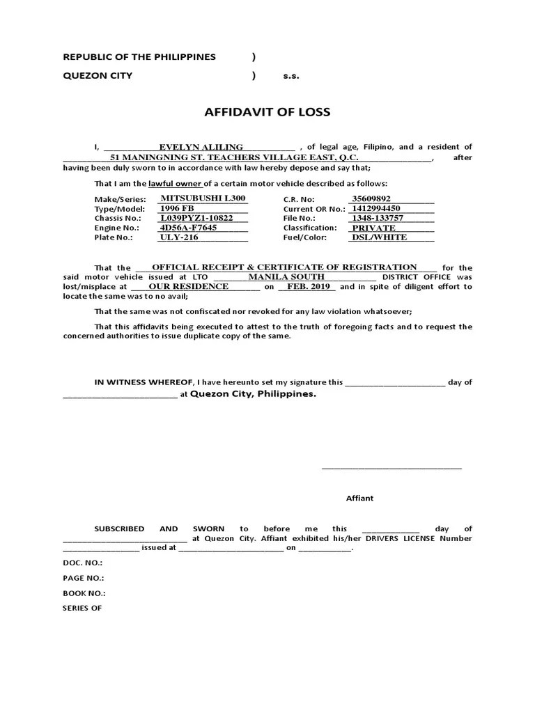 Affidavit Of Loss Republic Of The Philippines ) Quezon City ) s.s