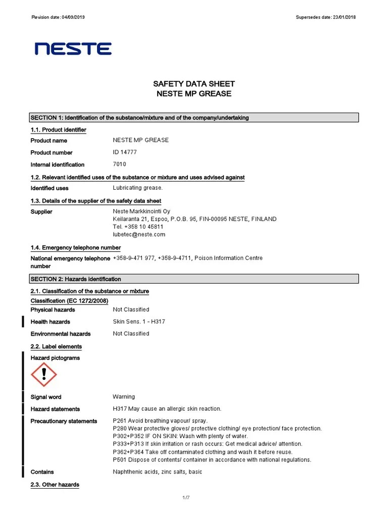 Msds Grease Neste PDF Toxicity Firefighting