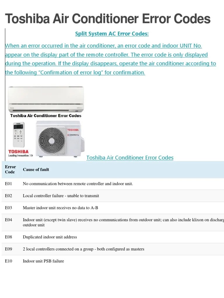 Toshiba Air Conditioner Error Codes PDF Air Conditioning