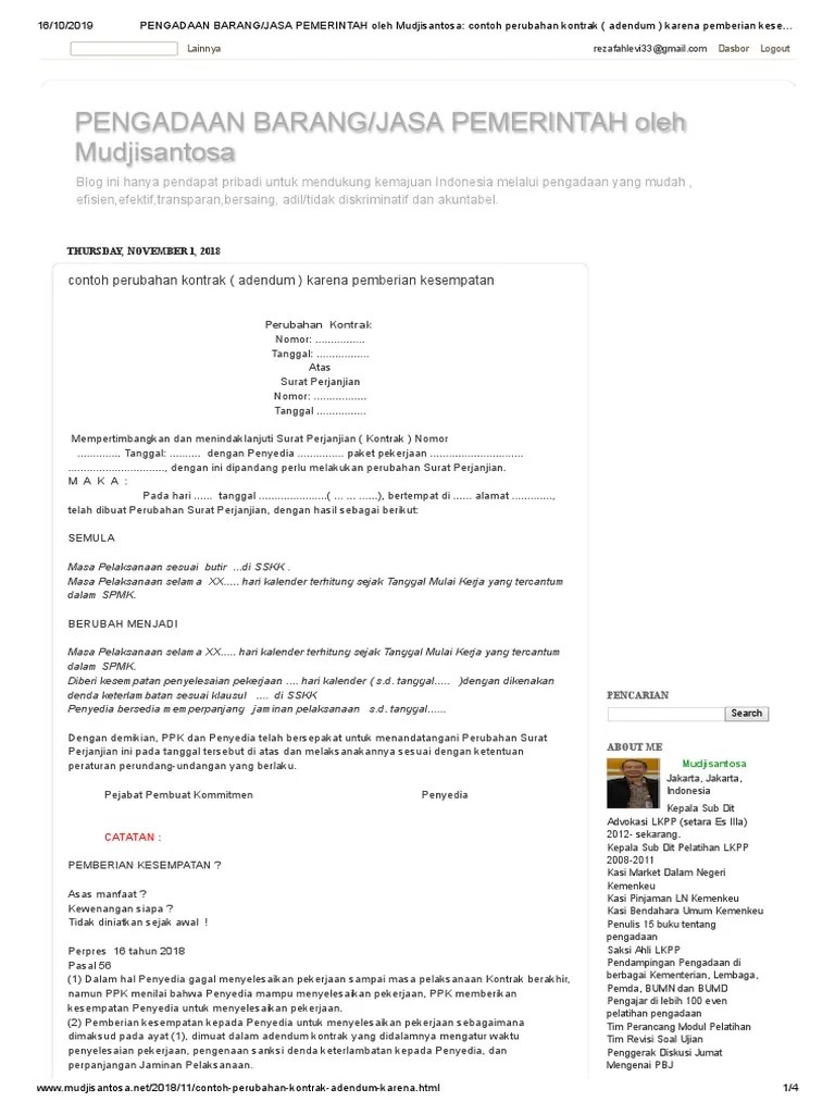 PENGADAAN BARANG - JASA PEMERINTAH Oleh Mudjisantosa - Contoh Perubahan  Kontrak (Adendum) Karena Pemberian Kesempatan | PDF