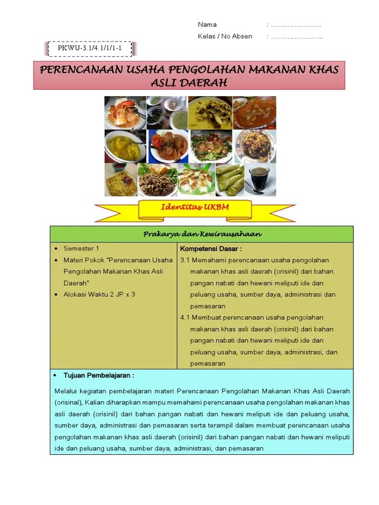 Perencanaan Usaha Pengolahan Makanan Khas Asli Daerah: PKWU-3.1/4.1/1/1-1 |  PDF