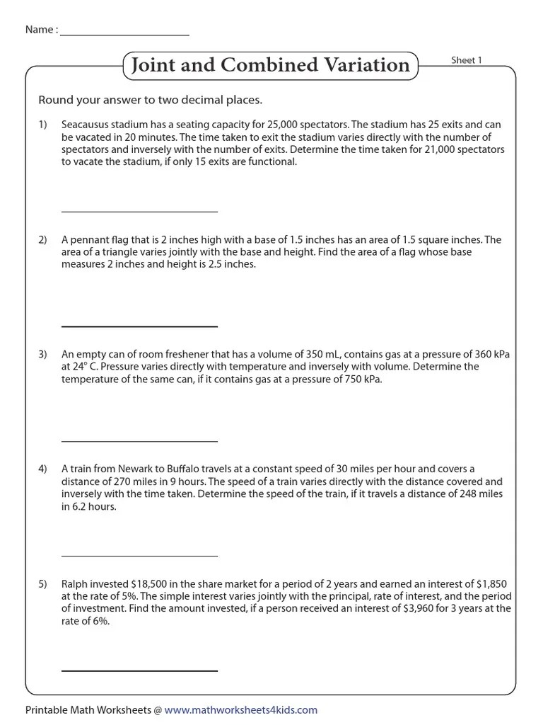 Joint And Combined Variation Worksheet With Answer Key Pdf kidsworksheetfun