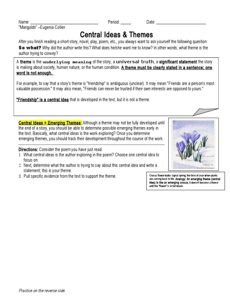 Marigolds Theme Statement Sheet PDF