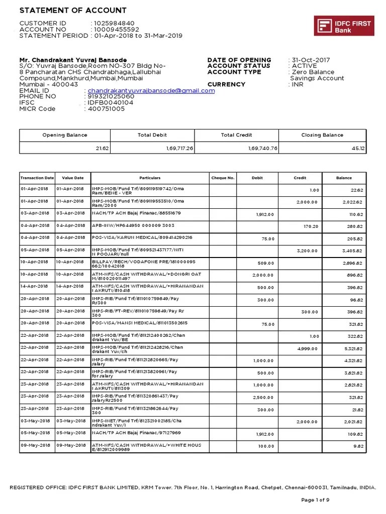 IDFC FIRST Bank Statement As of 31 MAR 2019 PDF PDF Debits And