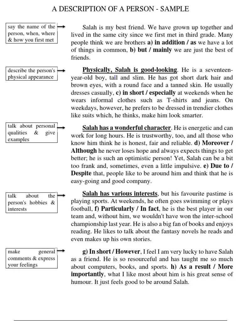 A Description Of A Person Sample say the name of the person, when