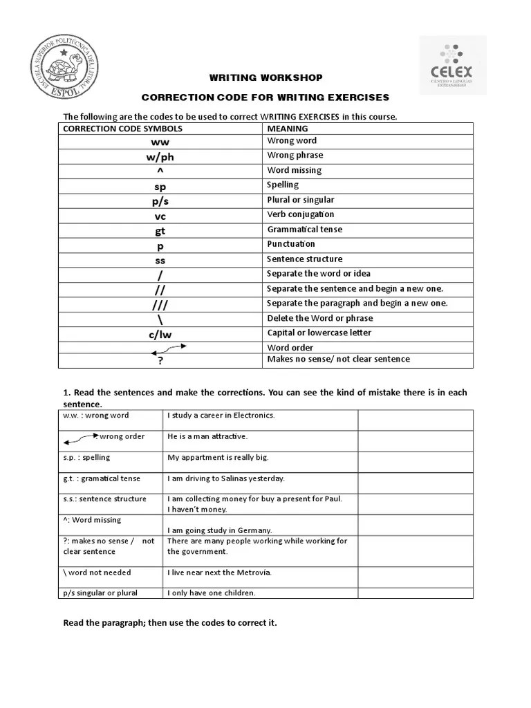 Worksheet Writing Correction Code PDF Sentence (Linguistics) Word