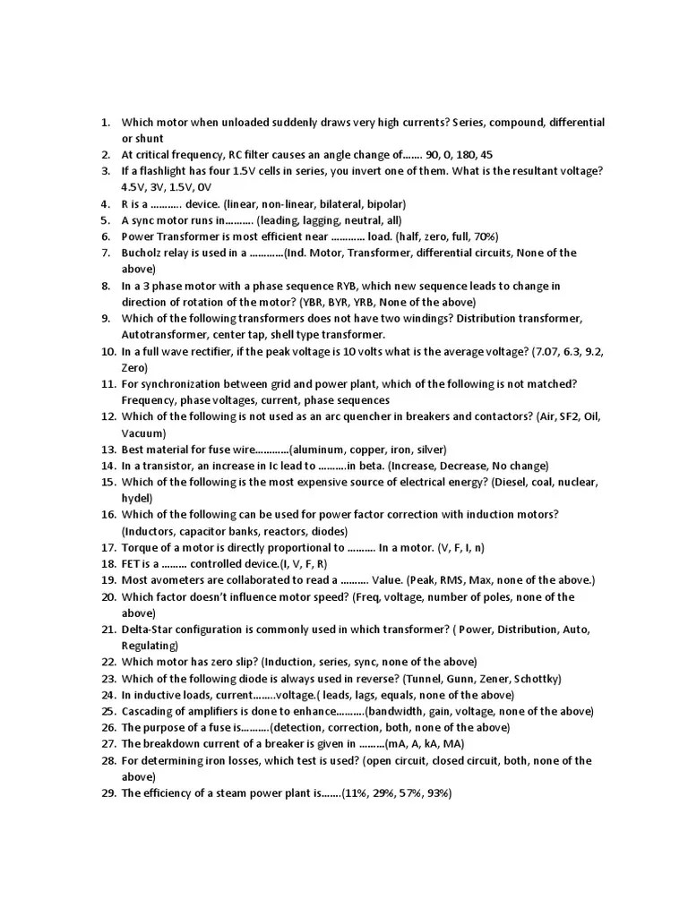 Electrical Test Questions PDF PDF Transformer Electric Motor