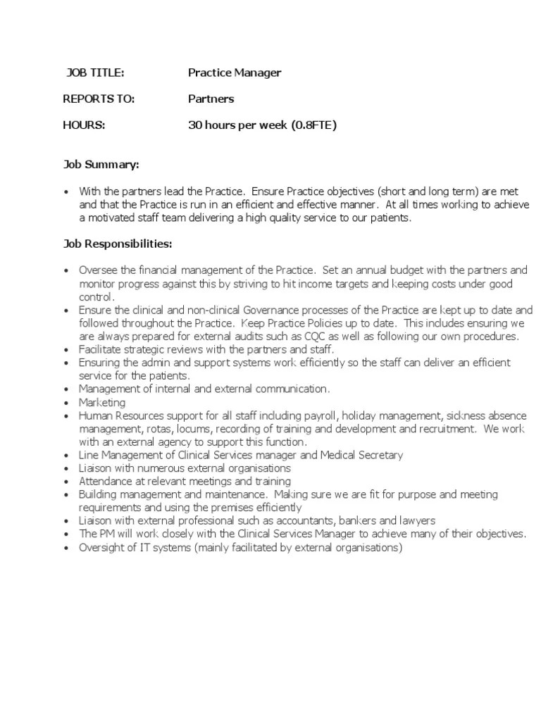 Practice Manager Job Description Oct 2019 PDF Confidentiality