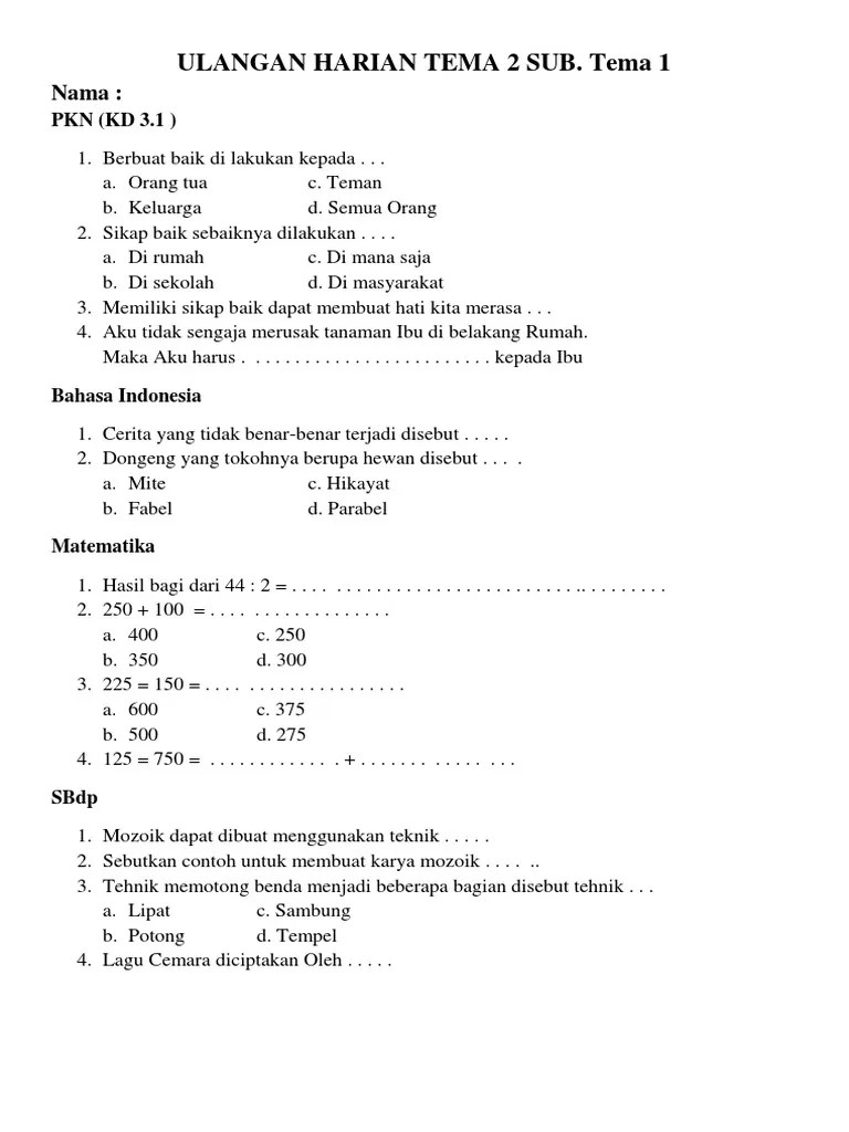 Ulangan Harian Tema 1 Sub | PDF