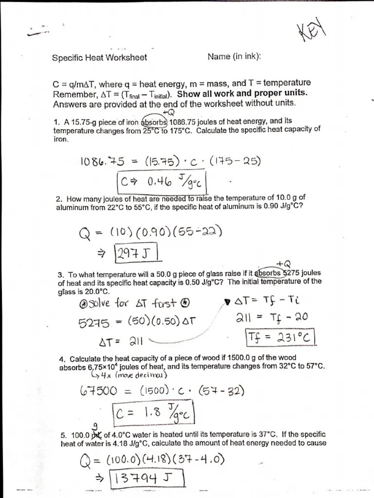 Specific Heat Worksheet Answers