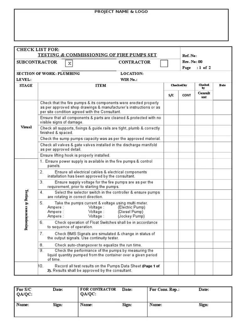 Check List For Testing & Commissioning of Fire Pumps Set