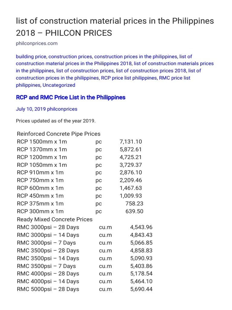 List of Construction Material Prices in the Philippines 2018 _ PHILCON