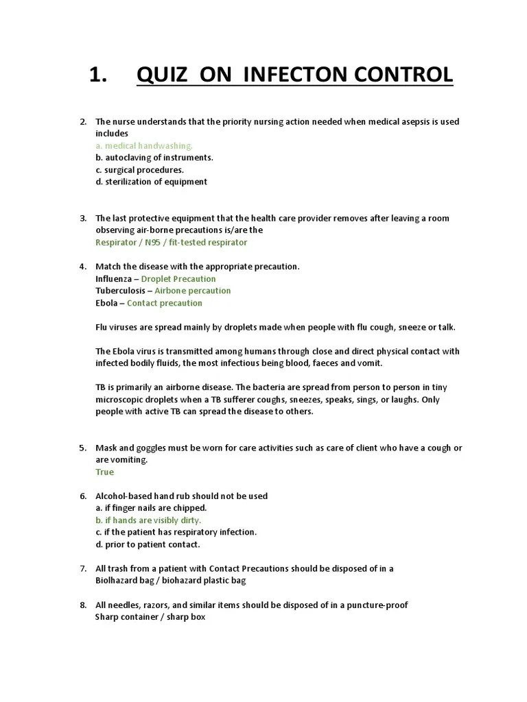 Quiz On Infecton Control PDF Infection Control Infection