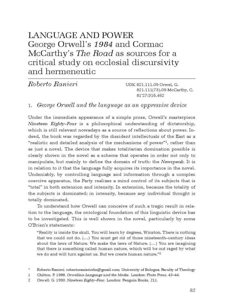 Language and Power Orwell'S 1984 and Cormac Mccarthy'S The Road As Sources For A Critical