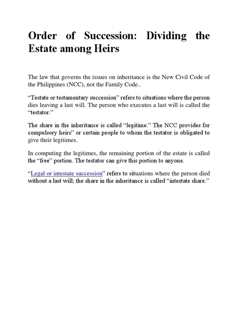 Order of Succession Dividing The Estate Among Heirs Legal or Intestate Succession PDF