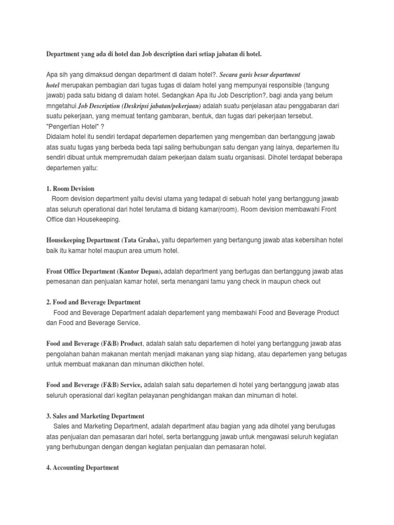 Department Yang Ada Di Hotel Dan Job Description Dari Setiap Jabatan Di  Hote1 | PDF