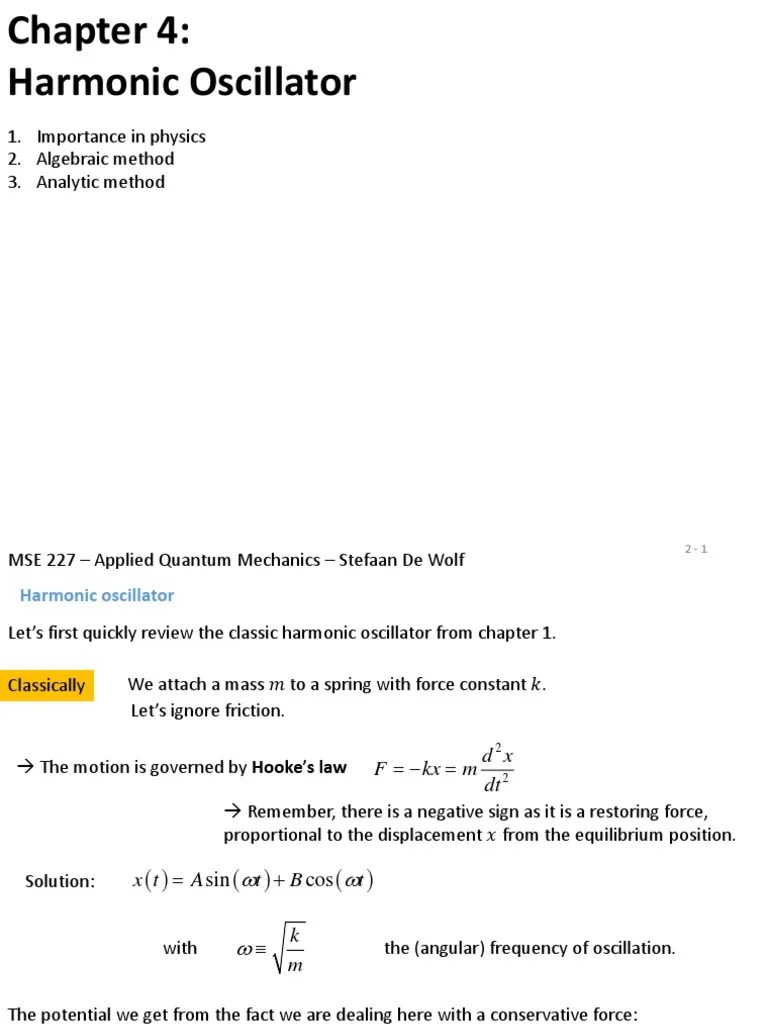 QM Chapter 4 Harmonic Oscillator PDF PDF Quantum Mechanics