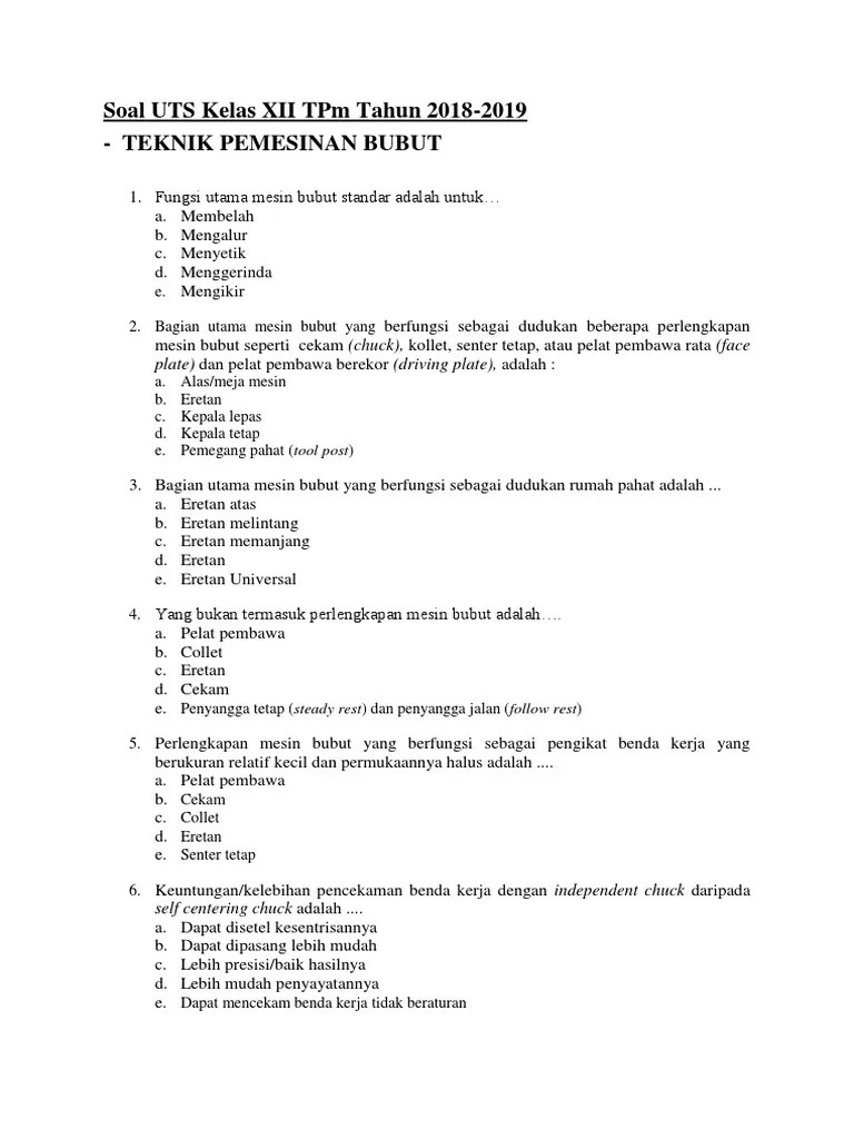 Soal UTS T.pemesinan Bubut - XIITPM 2018-2019 | PDF