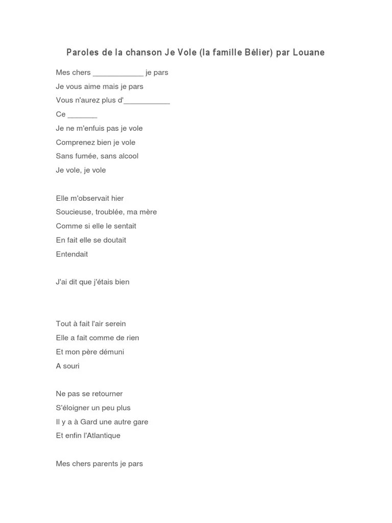 Paroles de La Chanson Je Vole