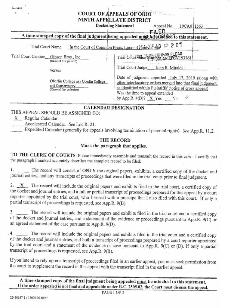 Gibson's Bakery v. Oberlin College Appeal Plaintiffs' Docketing