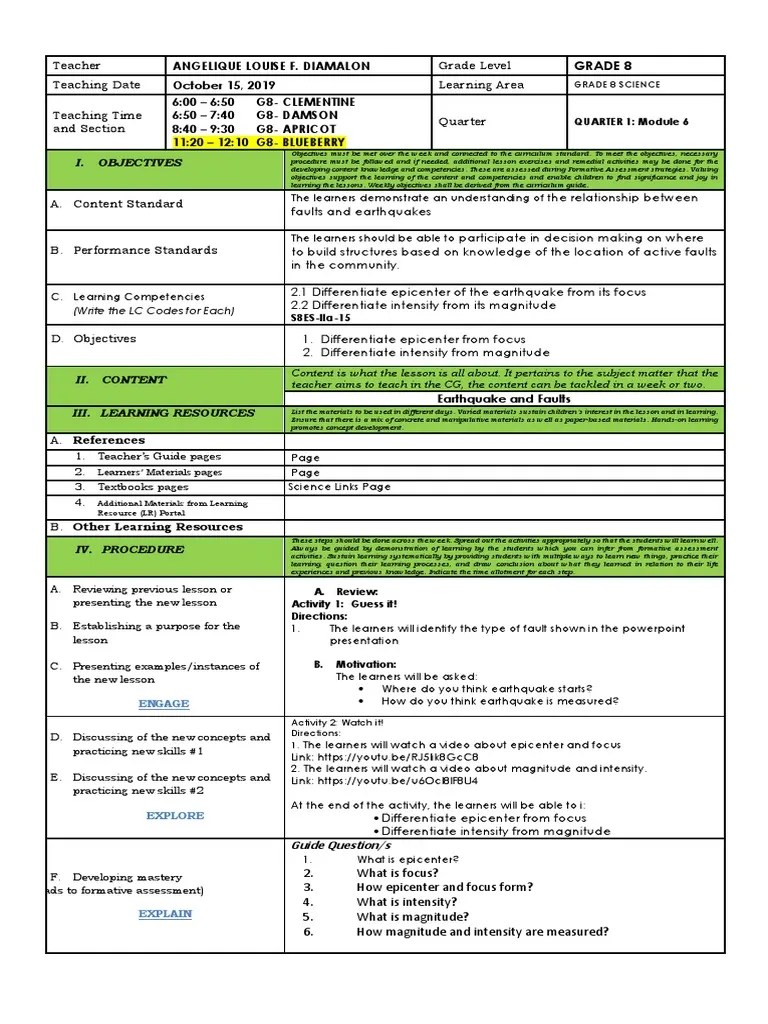 Grade 8 Science (Focus and Epicenter) PDF Earthquakes Learning