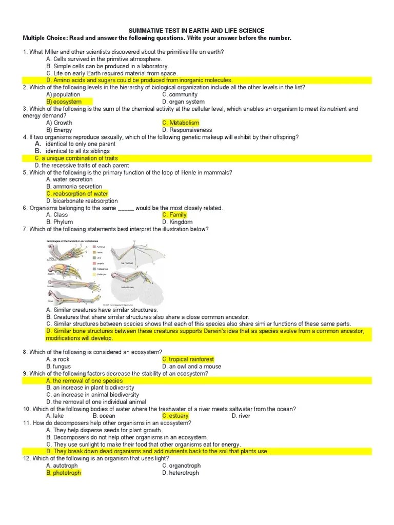 Summative Test In Earth And Life Science Multiple Choice Read and