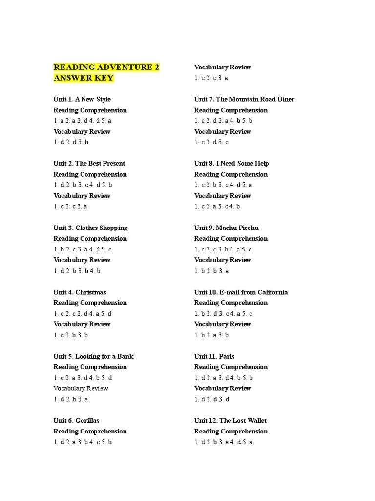 Reading Adventure 2 Answer Key | PDF