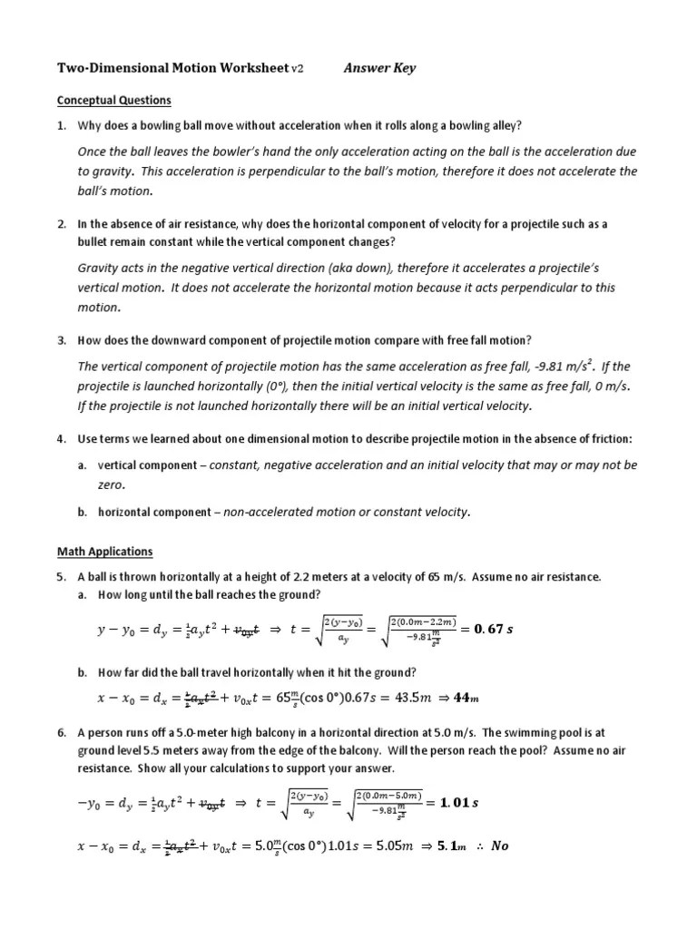 Projectile Motion Worksheet v2 Answer Key Projectiles Acceleration