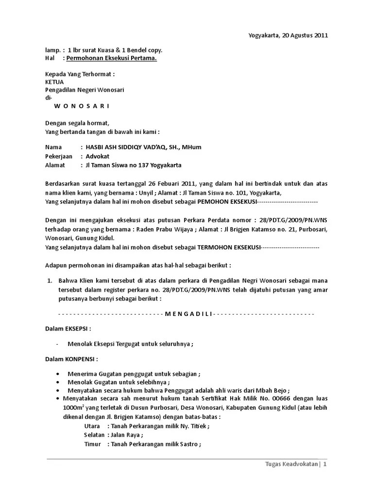 Contoh Surat Permohonan Eksekusi Doc