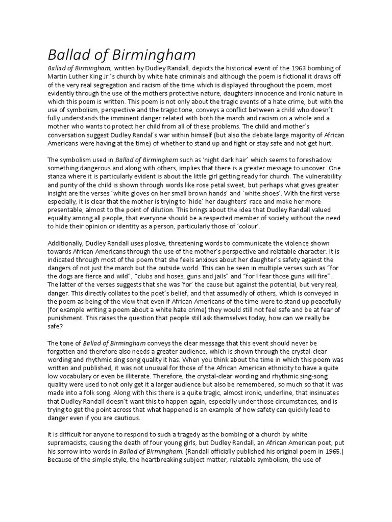 Ballad of Birmingham Analysis Essay PDF Poetry
