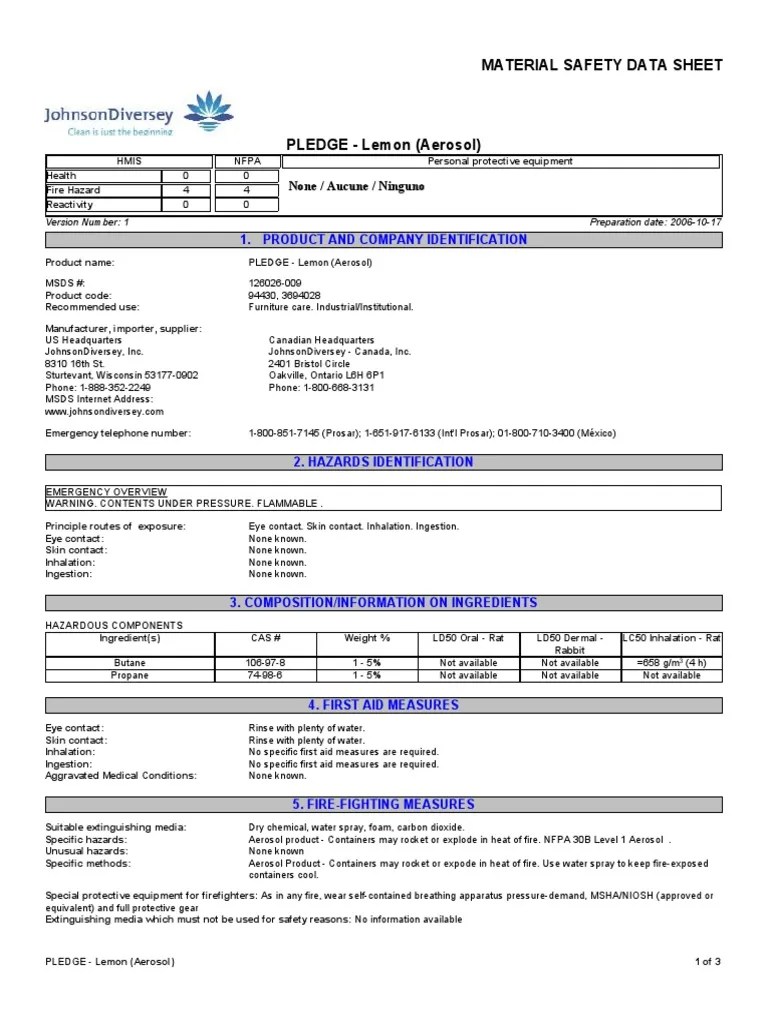 MSDS Pledge Furniture Polish PDF Personal Protective Equipment