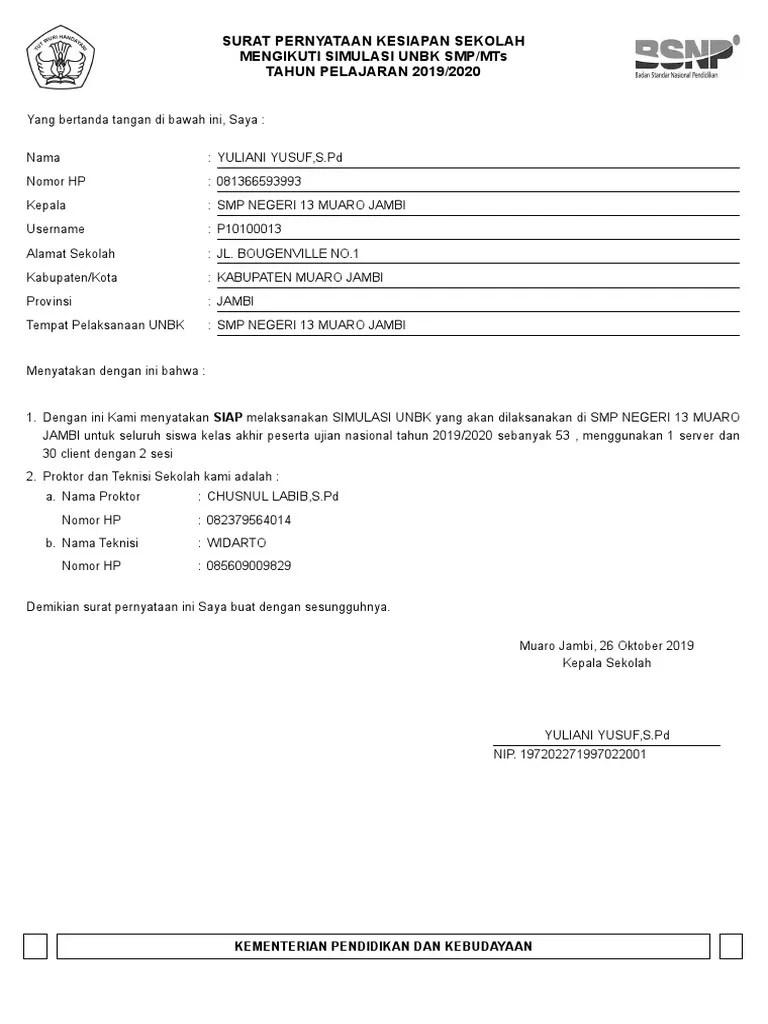 Surat Kesiapan Simulasi Ujian Nasional Berbasis Komputer - Tahun Ajaran  2019 - 2020 PDF | PDF