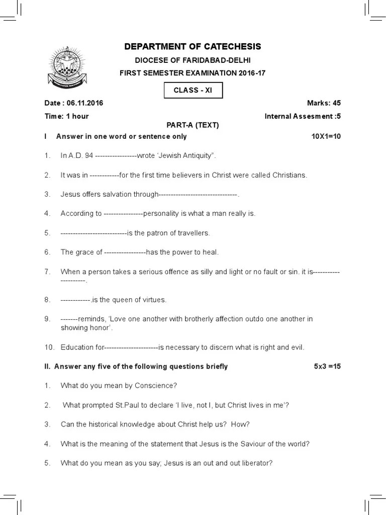 Syro Malabar Question Paper Class 11 PDF Salvation Jesus