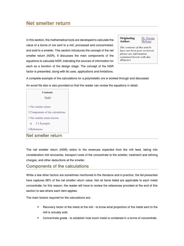 Net Smelter Return PDF Gold Mining