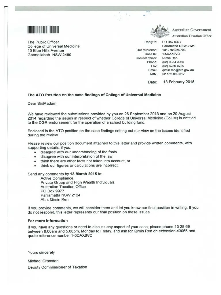 20150213 ATO Letter to CoUM