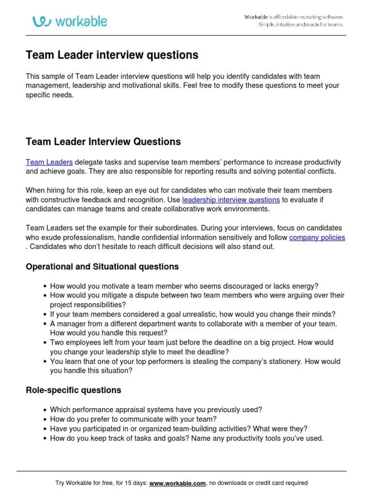 Team Leader Interview Questions PDF Leadership Motivation