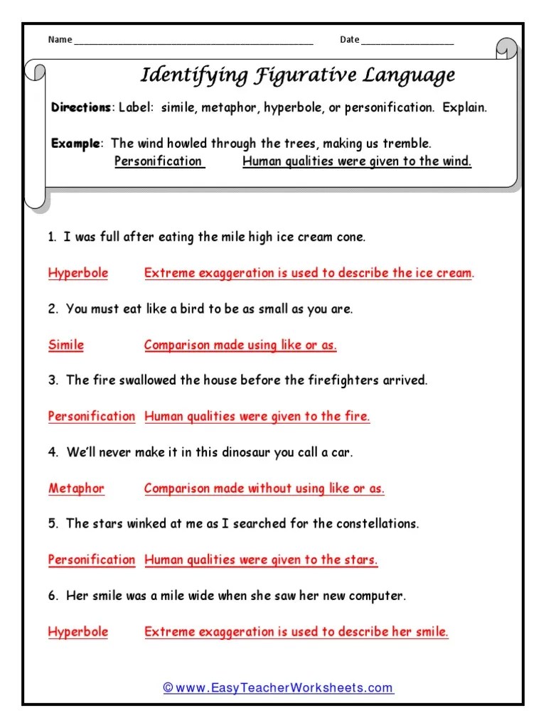 Figures Of Speech Activity Worksheets