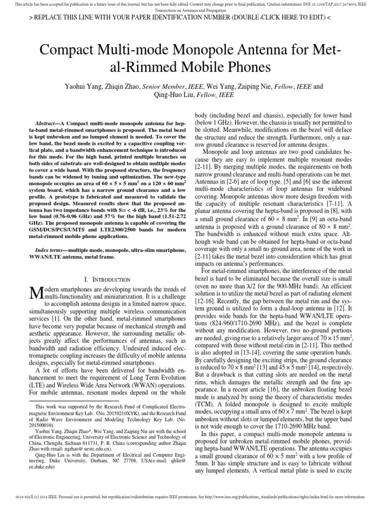Compact MultiMode Monopole Antenna for MetalRimmed Mobile Phones with