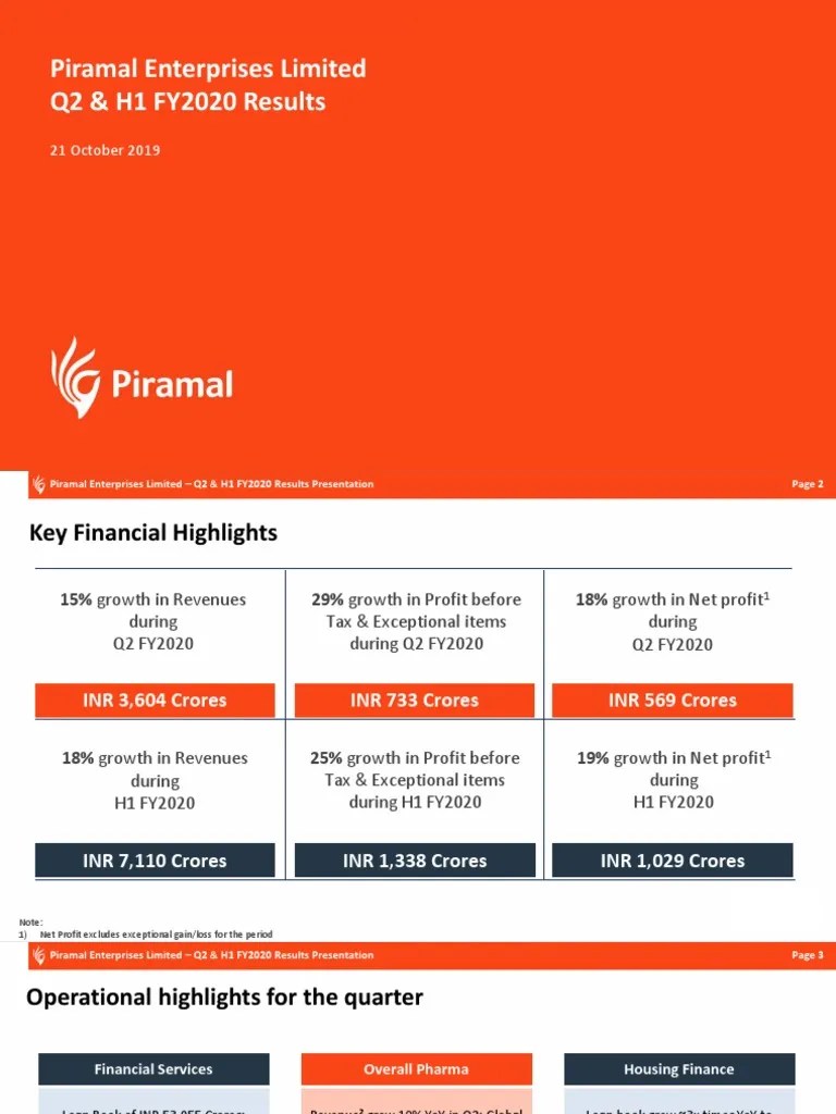 Piramal Enterprises Limited Q2 & H1 FY2020 Results 21 October 2019