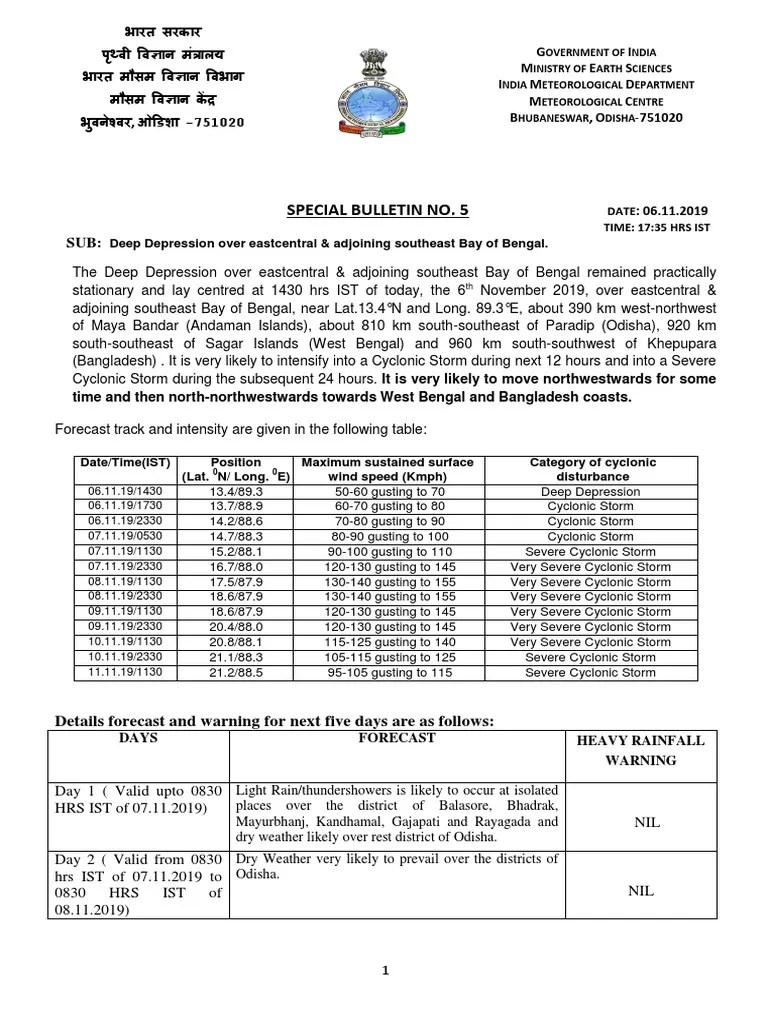 Special Bulletin No. 5 Date Time 1735 Hrs Ist Deep Depression Over