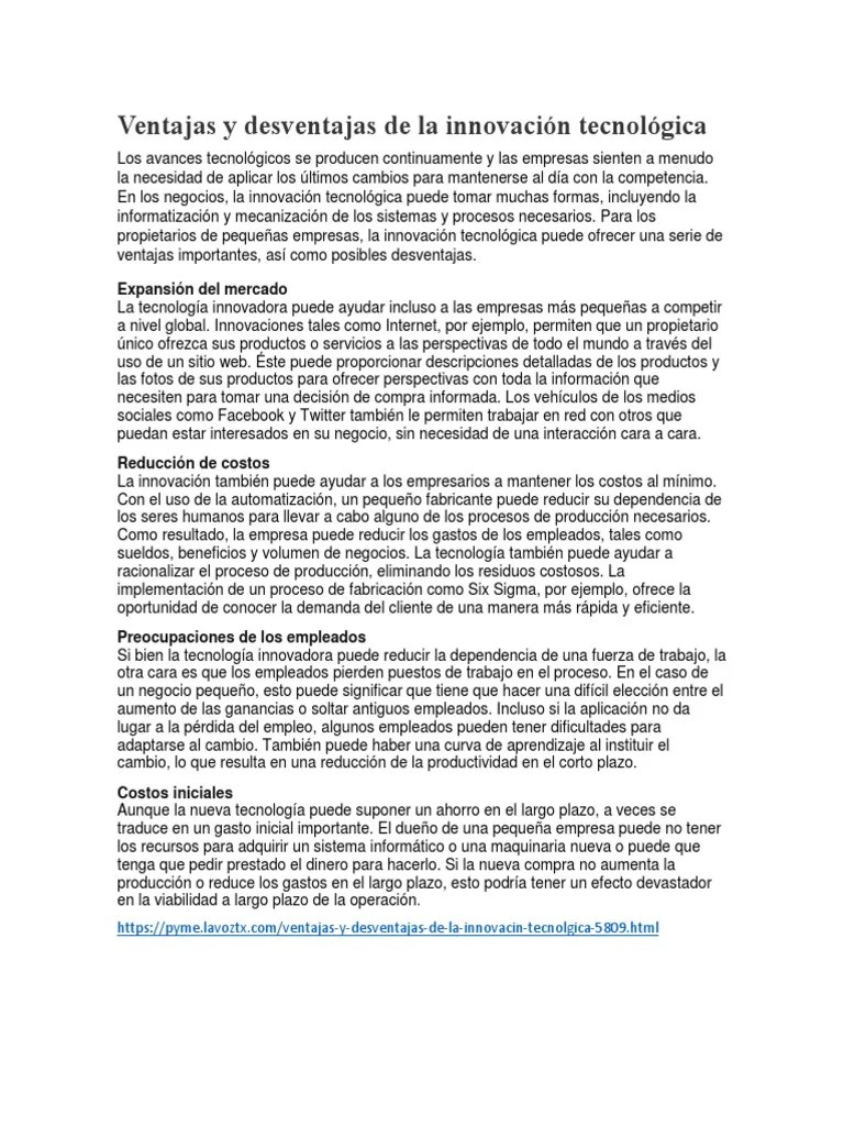 Ventajas y Desventajas de La Innovación Tecnológica PDF Innovación
