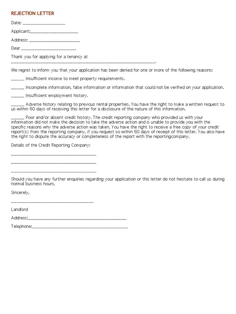 Rejection Letter For Rental Applications PDF